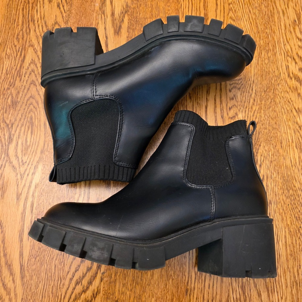 Black 7.5 Chunky Lug Sole Chelsea Boots Platform Block Heel Ankle Booties Womens